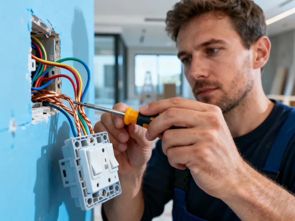 Elektryk podłącza przewody do gniazdka ściennego za pomocą śrubokręta, przygotowując instalację oświetleniową.