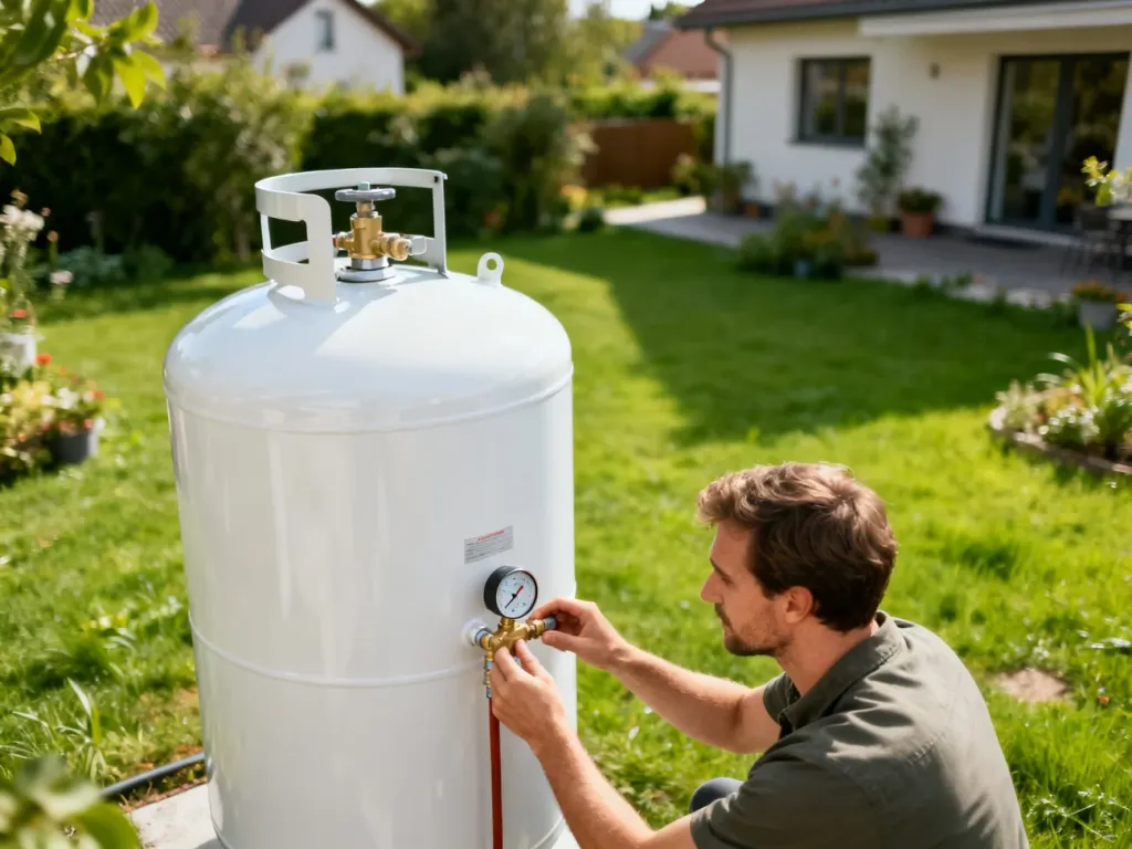 Mężczyzna sprawdza wskaźnik ciśnienia na nowoczesnym, białym zbiorniku na gaz LPG ustawionym w przydomowym ogrodzie.